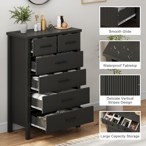 Fluted 6 Drawers Dresser for Bedroom, Tall Boho Chest of Drawers with Metal Handle, Wooden Closet Clothes Storage Organizer for Living Room