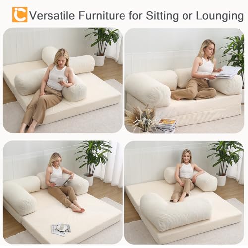 COMAX Folding Sofa Bed, Convertible Chair Bed Corduroy 3-in-1 Foldable Floor Couch with High-Density Foam, Futon Sofa Sleeper Mattress