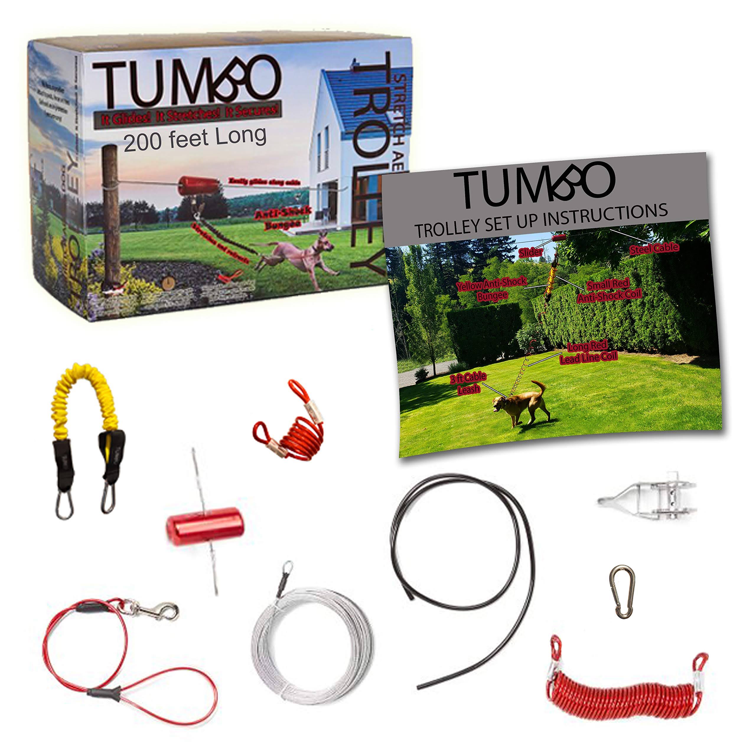 Tumbo Trolley Dog Containment System - Stretching Coil Cable with Anti-Shock Bungee (Safer and Less tangles) Aerial Dog Tie Out