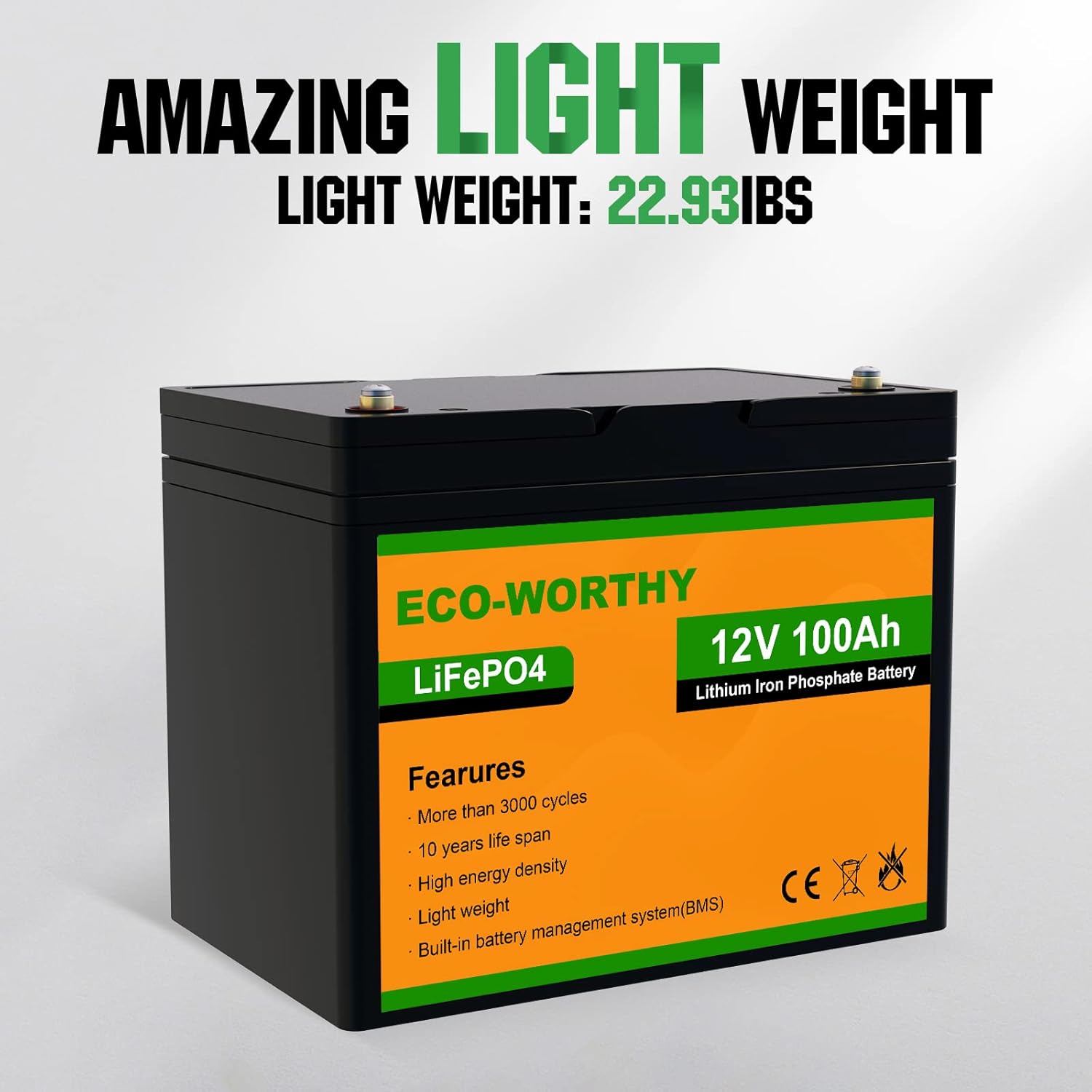 ECO-WORTHY 12V 100AH LiFePO4 3000+ Cycle Lithium Iron Phosphate fast charging Battery with BMS, Rechargeable battery for RV, Camping, Marine
