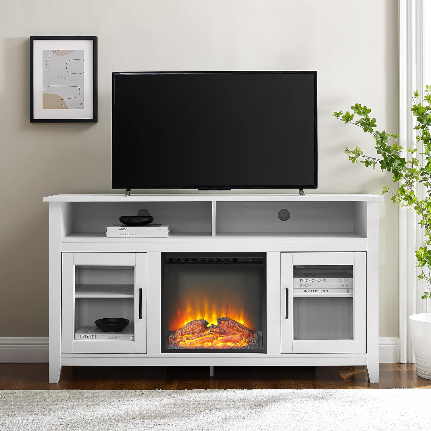Walker Edison Durango Modern Farmhouse Glass Door Highboy Fireplace Stand for TVs up to 65 Inches, Grey Wash