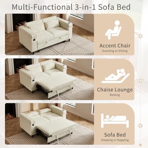 68.11" Corduroy Sleeper Chair Bed with USB Port, Cup Holders & Side Storage Pockets – 3-in-1 Foldable Sofa Bed for Guest Room, Living Room – White
