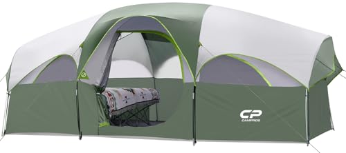 CAMPROS CP Tent 8 Person Camping Tents, Weather Resistant Family Tent, 5 Large Mesh Windows, Double Layer, Divided Curtain for Separated Room