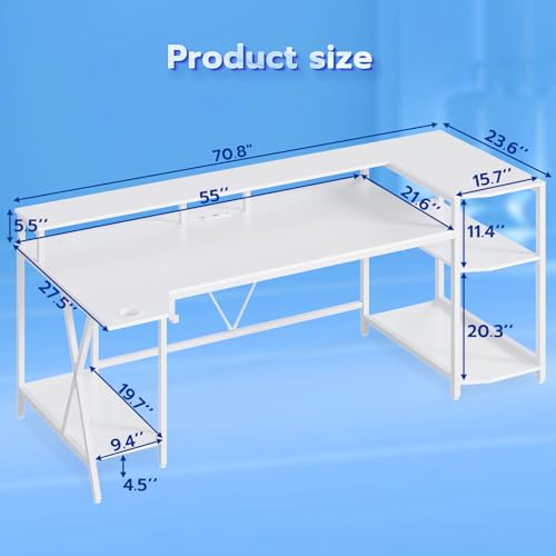 SEDETA Gaming Desk 70.8'' with LED Lights and Storage Shelves, Computer Desk with Monitor Stand, Power Outlets and Cup Holder, Large PC Gamer Desk