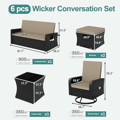 6 Piece Patio Furniture Set, Wicker Patio Conversation Sets with Swivel & Recline Chairs, Outdoor Sectional Sofa Sets with 2 Storage Ottoman