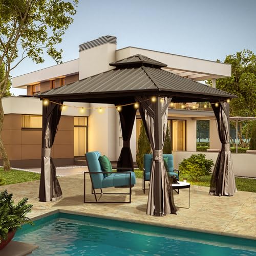 Domi 10' x 10' Hardtop Gazebo Outdoor Metal Gazebo with Galvanized Steel Double Roof Canopy, Curtains and Netting for Patio, Backyard, Deck