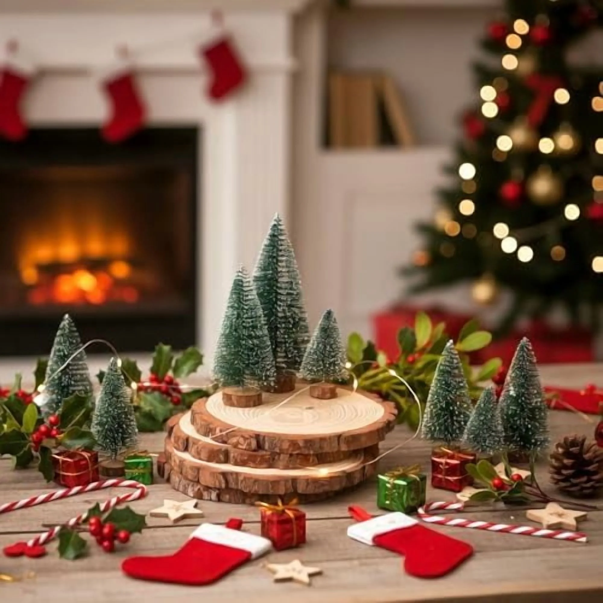 24 Pcs Bottle Brush Christmas Trees in 3 Size 18 Desktop Miniature Christmas Trees with 6 Nature Unfinished Round Wood Slices Table Decorations for