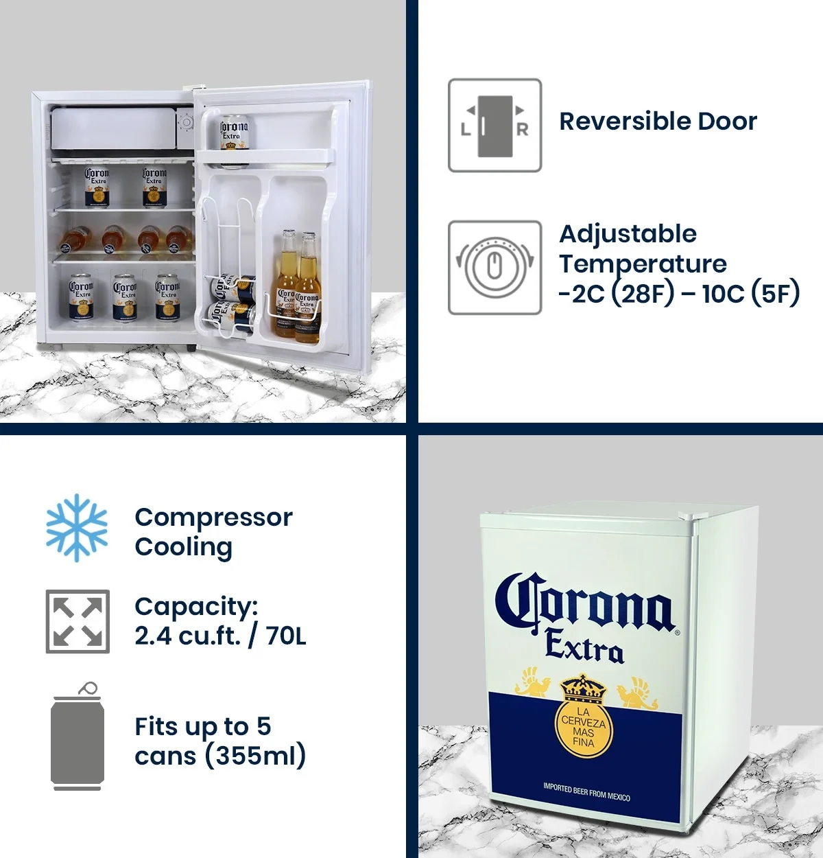 Corona Mini Beer Fridge with Freezer, 2.4 Cu. ft, 70 L for Frozen Meals, Beverages, White Blue