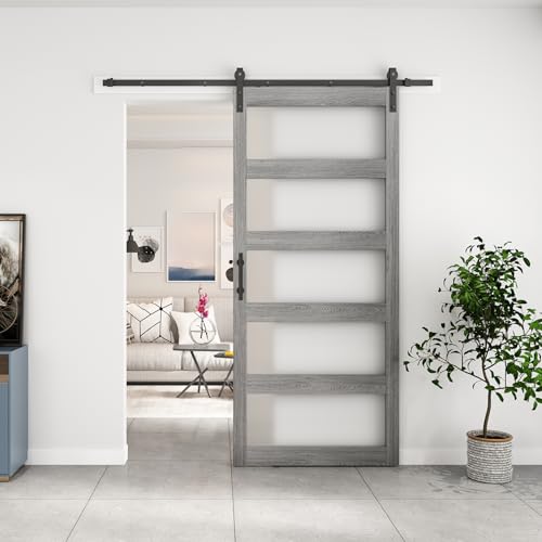 BARNSMITH 42in x 84in Glass Barn Door with 7FT Sliding Door Hardware Kit Included & Handle