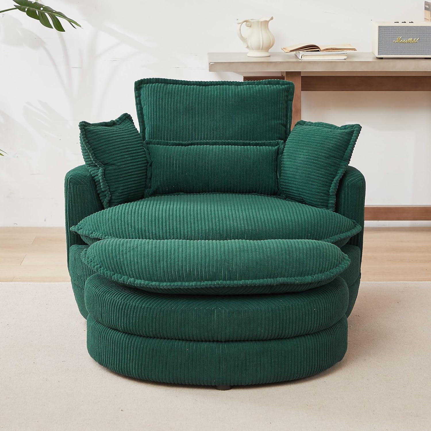 Tabaray Tufted Upholstered Swivel Accent Chair, Corduroy Fabric Single Barrel Chair with Ottoman, Comfy Cloud Chair for Living Room, Bed Room