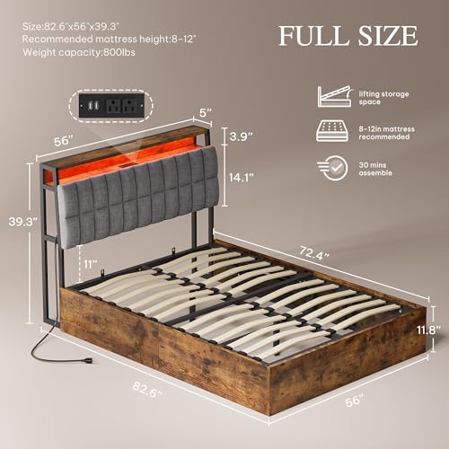 YITAHOME Queen Size Lift Up Bed with Charging Station & RGB LED Lights, PU Leather Upholstered Platform Storage Bookcase Headboard Bed