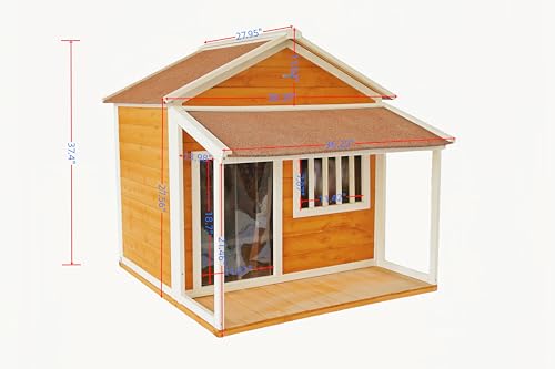 Indoor-Outdoor Wooden Dog House, Porch, Asphalt Roof, Plastic Door Curtain, Ventilation Windows, Brown, Weatherproof, Small to Medium Dog