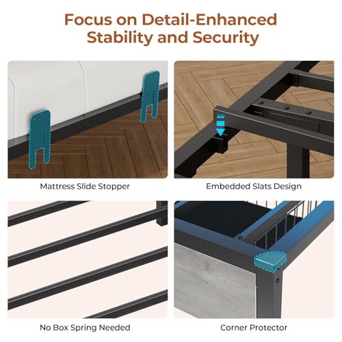 DICTAC Corner Full Bed Frame with Bookcase Storage and Led Lights Full Size Metal Platform Bed Frame with Storage Drawers & Charging Station Full