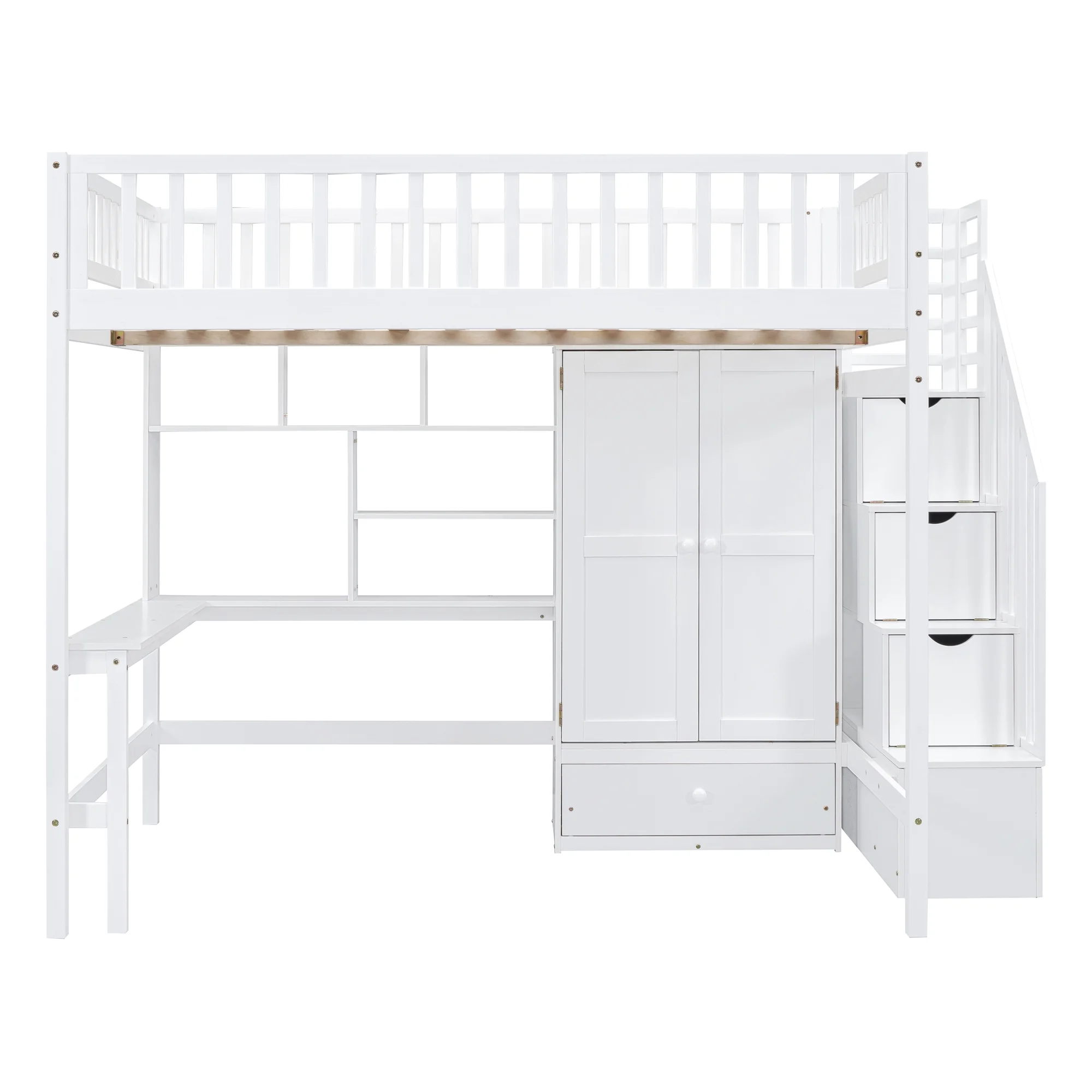 Churanty Full Loft Bed with Wardrobe Storage Space, Stairs Loft Bed with Desk and Shelves for Kids Boys Girls Teens,White - Radiant Selections