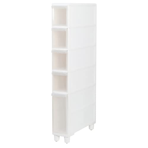 Narrow Tall Floor Cabinet for Bathroom, Vertical Storage Unit with 4 Clear Drawers and Casters