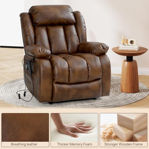 EDILLY Large Genuine Leather Power Lift Recliner Chairs for Elderly, Dual Motor with Massage and Heating,Double Lumbar Cushion and Extended Footrest