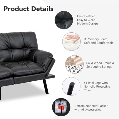 71" Convertible Futon Sofa,Faux Leather Futon Couch Bed,Sleeper Sofa Bed,Memory Foam Modern Folding Small Loveseat for Living Room,Office,Apartment