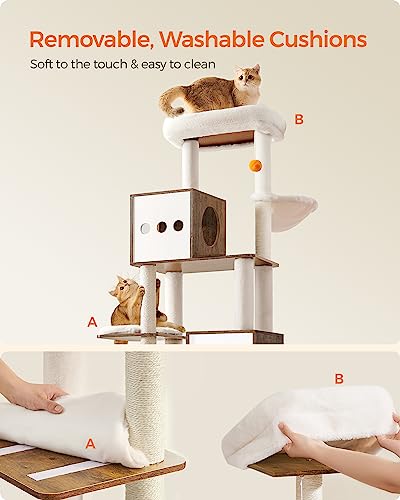 Feandrea Cat Tree with Litter Box Enclosure, 2-in-1 Modern Cat Tower, 70.8-Inch Tall Cat Condo with Scratching Posts, Perch, Caves, Basket