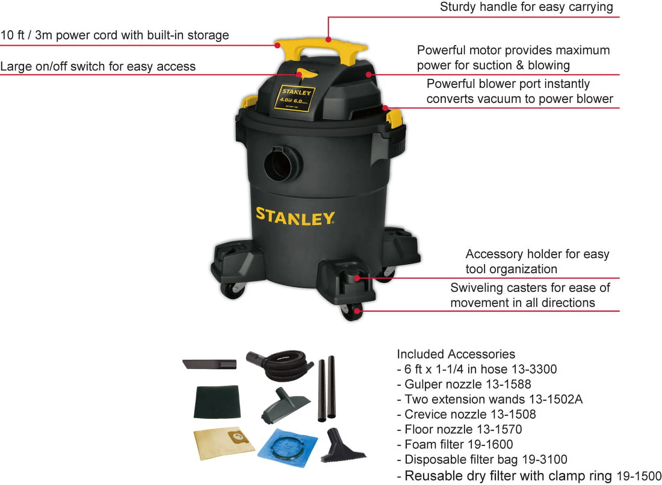 STANLEY 6 Gallon 4 Peak HP Poly Wet Dry Vacuum SL18116P