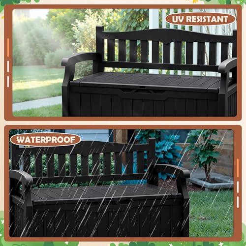 JUMMICO 80 Gallon Resin Outdoor Storage Bench, Large Deck Box with Armrest, Lockable & Waterproof for Garden, Home, Patio, Pools (Black)