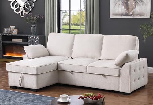 L-Shaped Pull Out Sleep Sofabed,Modern Reversible Sleeper Sectional Sofa Chenille Upholstered Button Tufted Decor with Storage Chaise