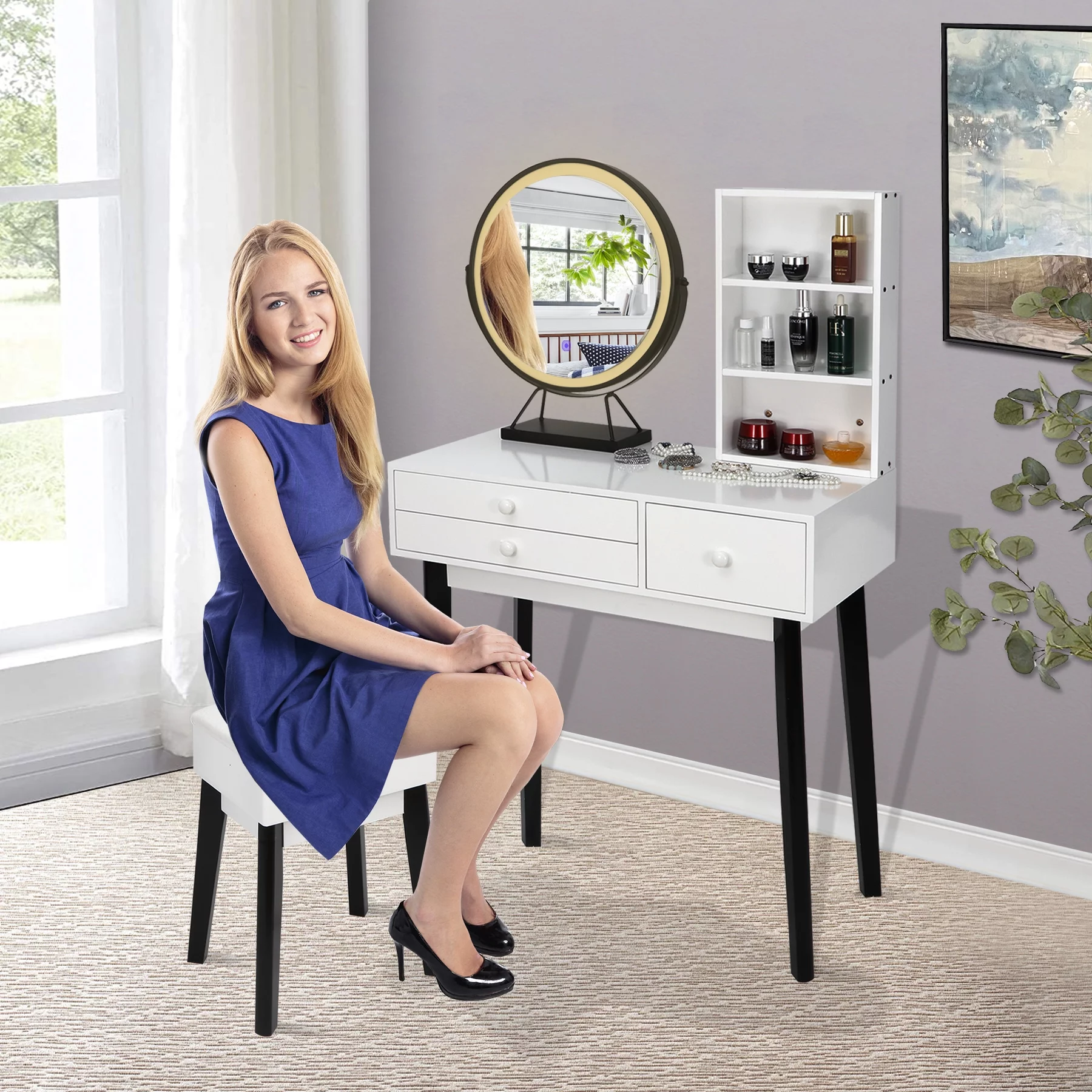 Lafuria vanity set with lighted mirror,Make up vanity dressing table with cushioned stool set in black and white