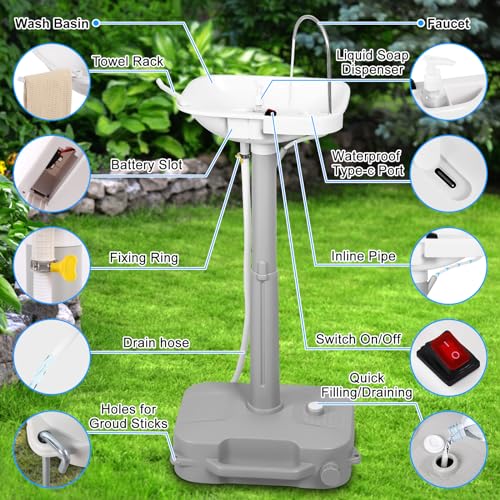 Automatic Portable Sink with Type-c Port, Electric Lightweight Camping Hand Washing Station, Wash Basin with 18L Bottom Water Tank, Soap Dispenser