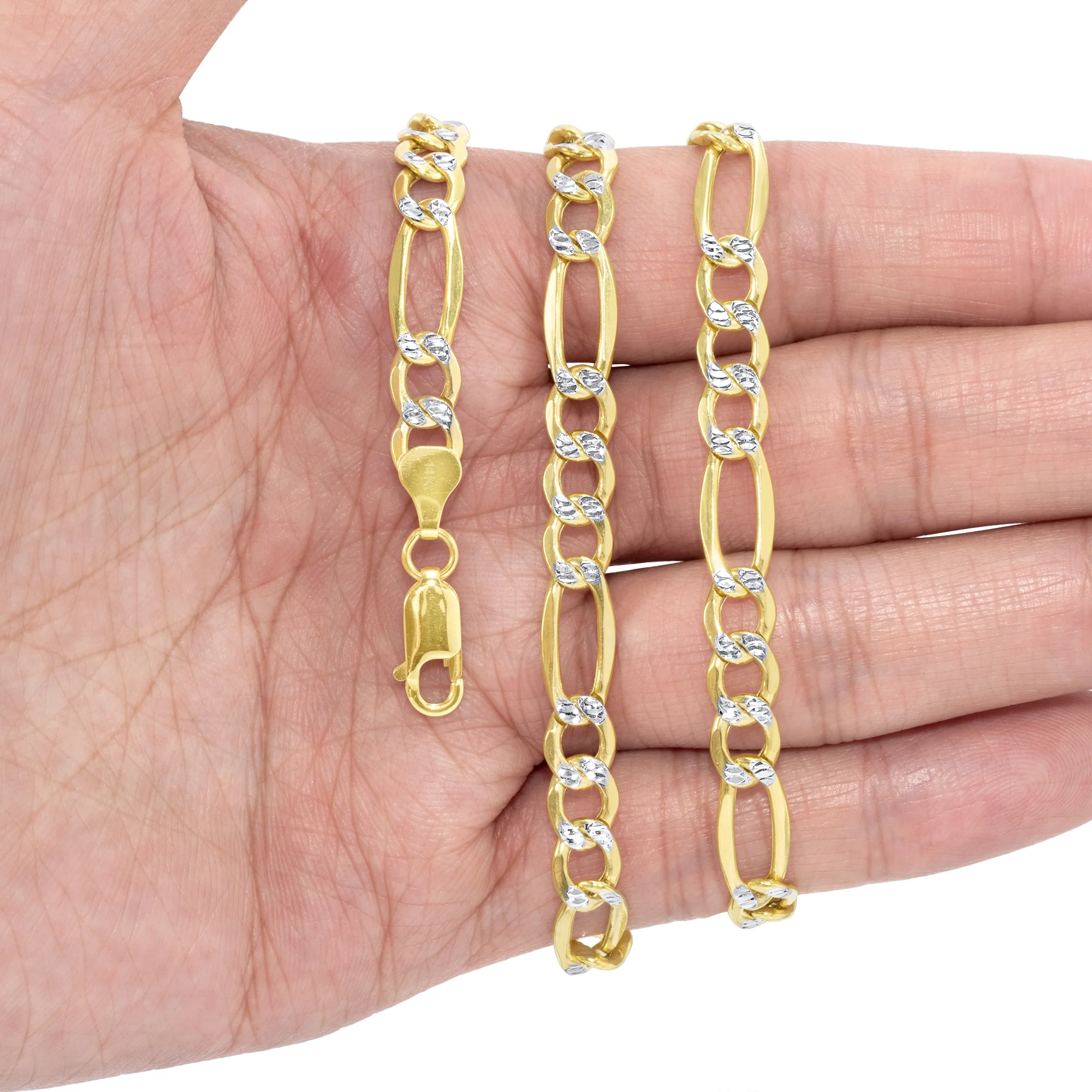 Nuragold 14k Yellow Gold Solid 7.5mm Figaro Chain Link Diamond Cut Pave Two Tone Necklace, Mens Jewelry 20" - 30"