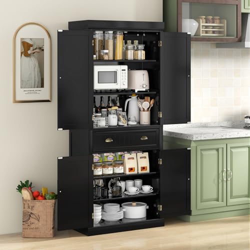 Tangkula 72" H Kitchen Pantry Cupboard Cabinet, Traditional Freestanding Large Tall Storage Cabinet with 2 Cabinets and Drawer, Adjustable Shelves