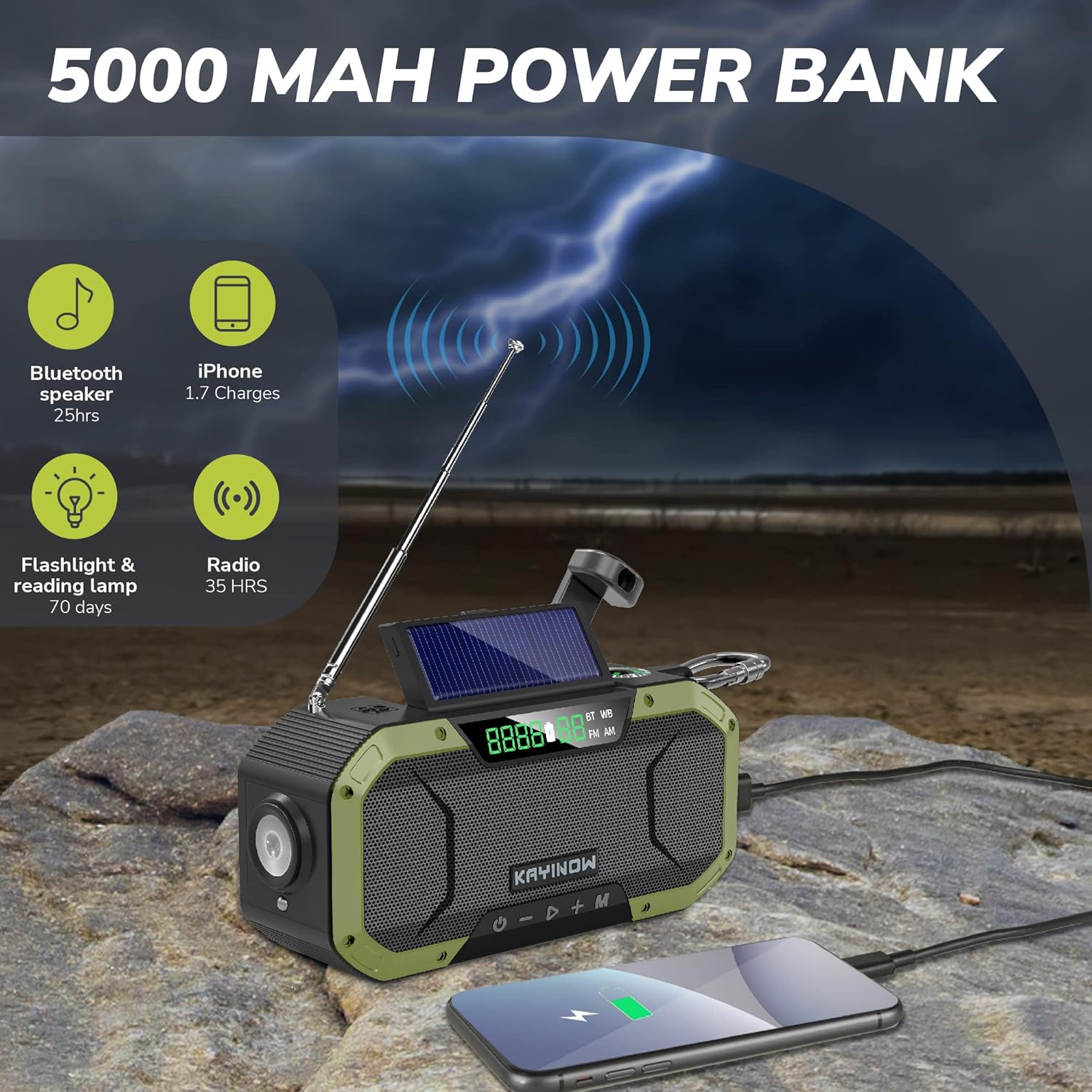 Hand Crank Radio with Bluetooth Speaker – Multifunctional Emergency Radio with Solar Panel,Flashlight,AM