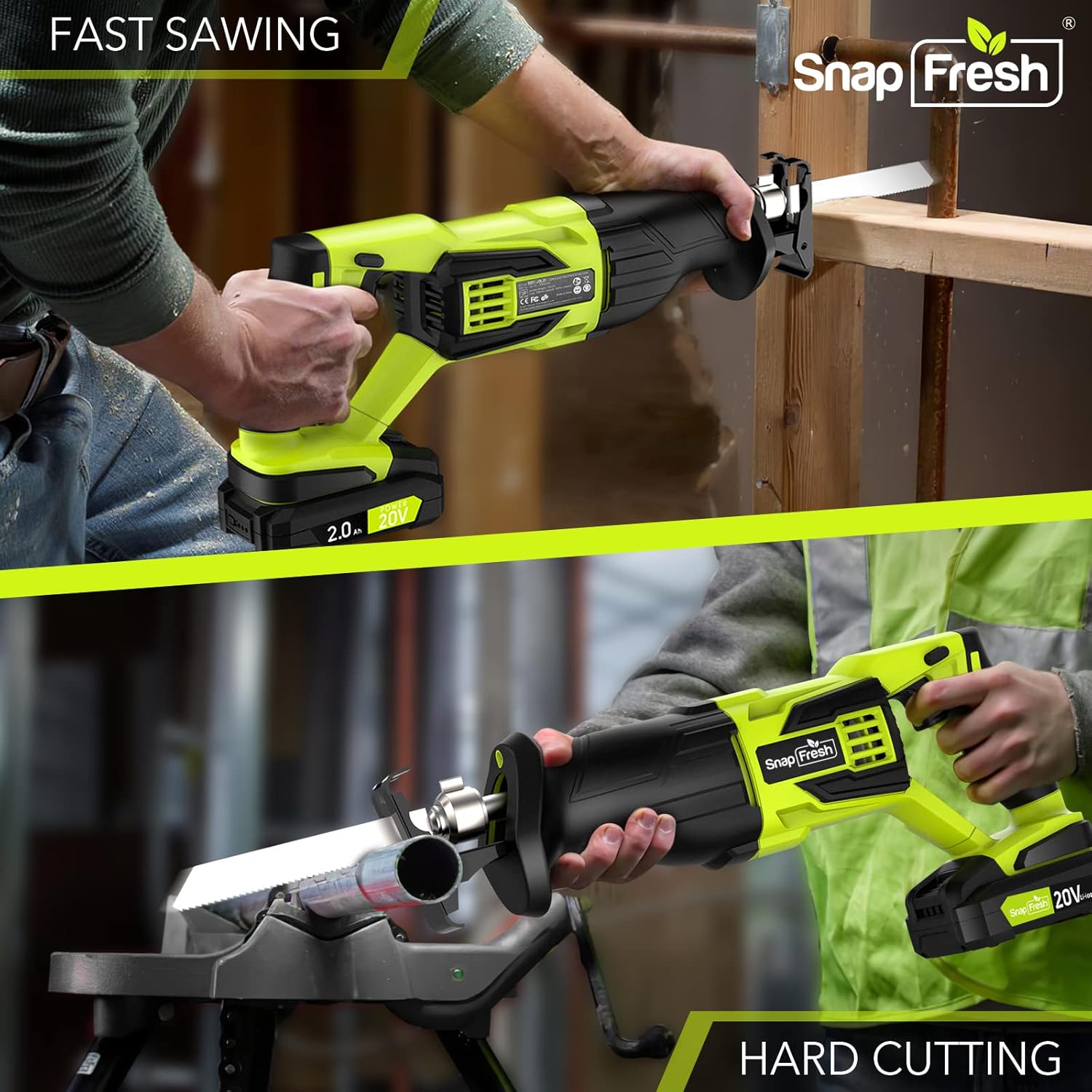 Reciprocating Saw - SnapFresh Cordless Reciprocating Saw for Woods Metal Plastic Cutting, 0-3000 SPM Powerful Motor Reciprocating Saw