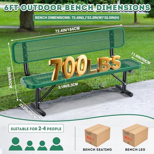 8FT Heavy Duty Park Bench with Back Portable Frame, Outdoor Metal Park Bench with Backrest, Steel Mesh Outdoor Bench for Garden, Lawn, Patio, Porch