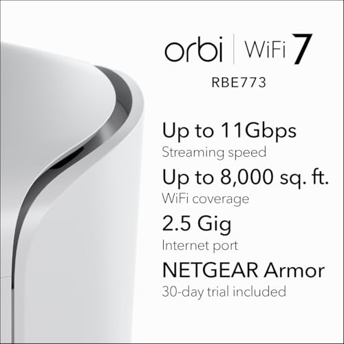 NETGEAR Orbi 770 Series Tri-Band WiFi 7 Mesh Network System (RBE773) - Router + 2 Satellite Extenders, Security Features, Up to 11Gbps