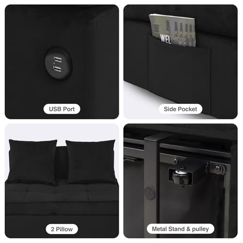 Sofa Bed 4-in-1 Convertible Pull Out Couch, Velvet Love seat Couch Sleeper Chair Bed with 2 Throw Pillow