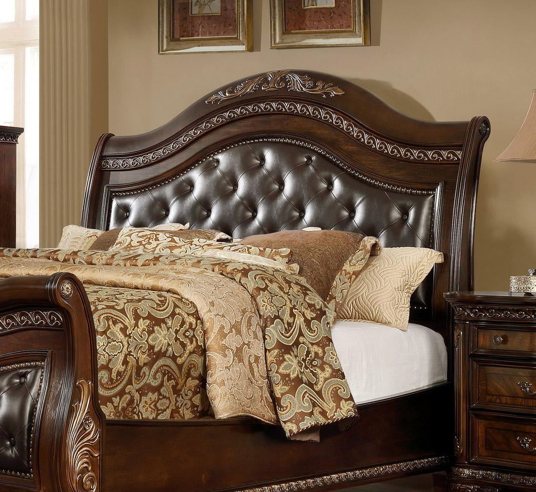 Leather Headboard Sleigh King Size Bedroom Set 3Pcs McFerran B9588 Cherry