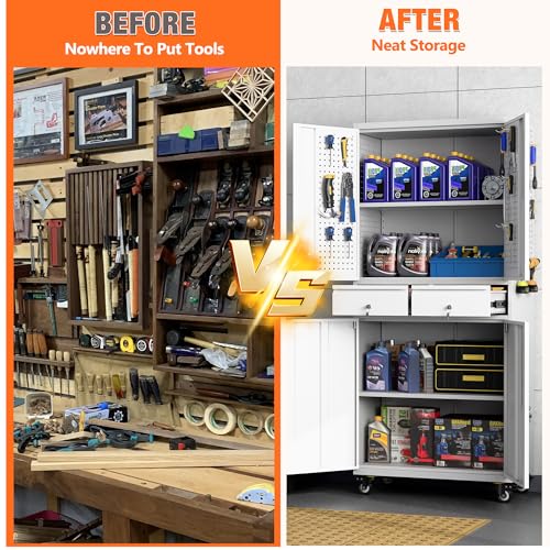 Metal Storage Cabinet with Wheels, 73" H Rolling Garage Cabinets with Locking Doors and Adjustable Shelves for Home Office, Basement, Pantry, Workshop