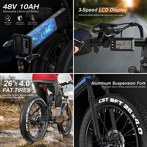 TotGuard Electric Bike,26" x4.0 Fat Tire Electric Bike with 975W Peak Motor,48V 10.4Ah Removable Battery, 21.6MPH Foldable Mountain Ebike
