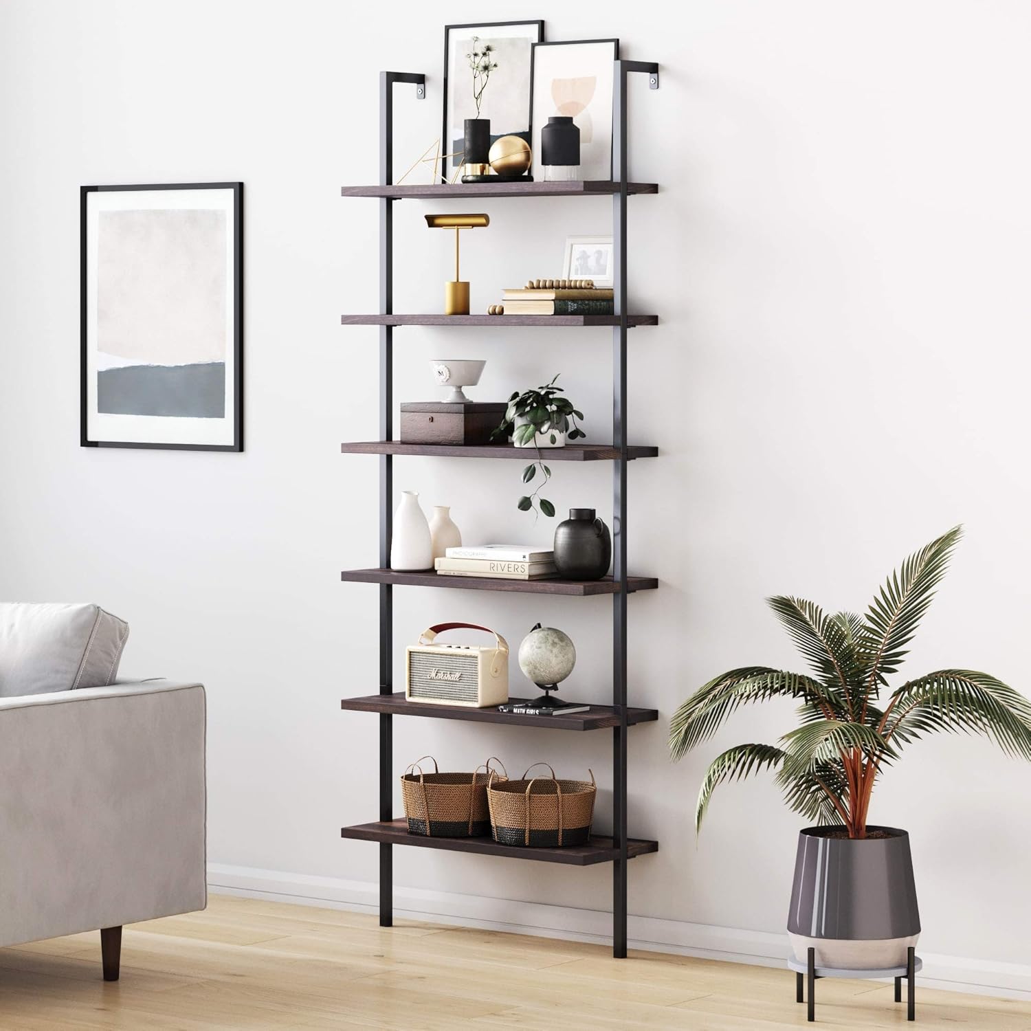 Nathan James Theo 5-Shelf Modern Bookcase, Open Wall Mount Ladder Bookshelf with Industrial Metal Frame, White/Gold