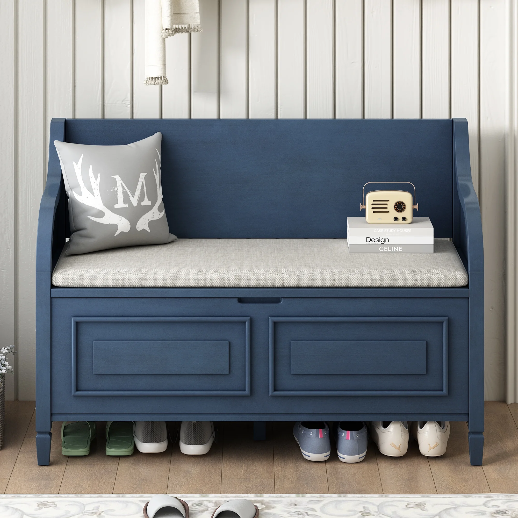 Atumon Storage Bench, Clamshell Entryway Bench, Shoe Bench with Hidden Storage, Wood Storage Cabinet with Removable Cushions and Backrest