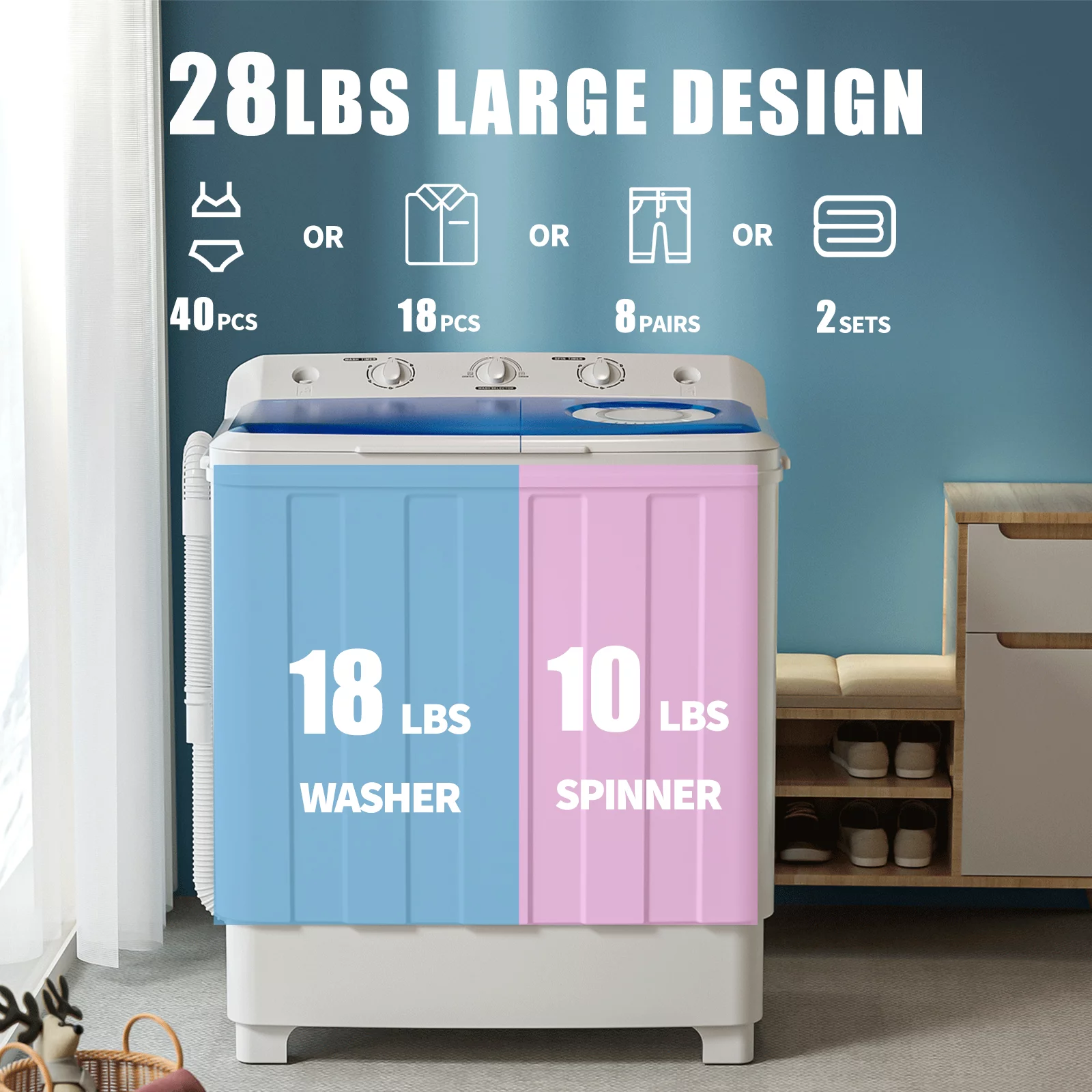 Auertech Portable Washing Machine 28lbs Mini Twin Tub Semi-Automatic Washer Spinner Combo with Drain Pump