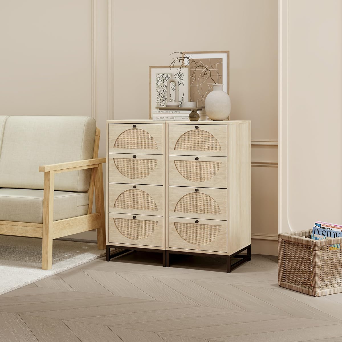 8 Drawers Dresser Storage Tower for Bedroom, Natural Rattan Dresser Modern Closet Dressers Chest of Drawers W/ Steel Legs