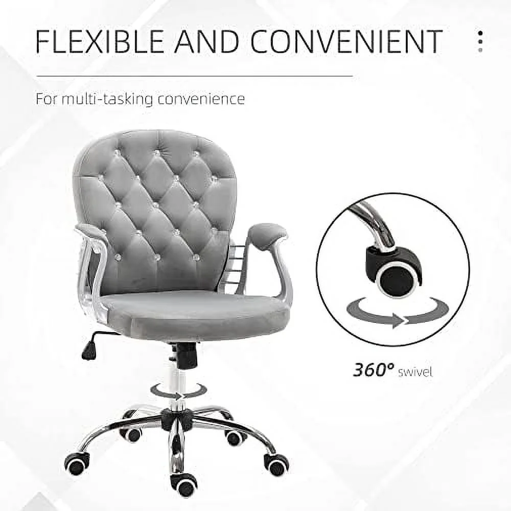 RUNFAYBIU Velvet Home Office Chair  Button Tufted Desk Chair with Padded Armrests  Adjustable Height and Swivel Wheels  Pink