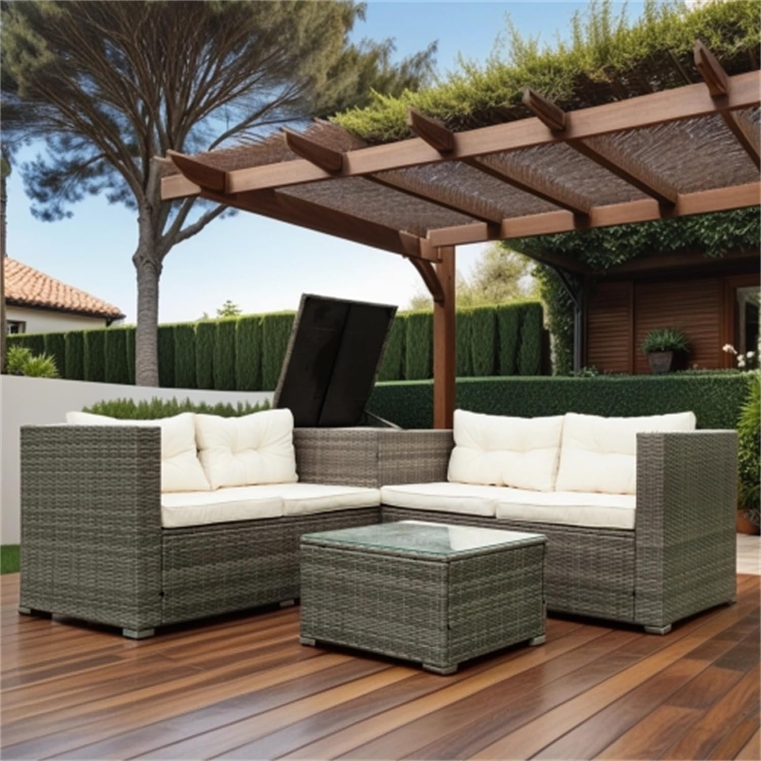 4 Piece Patio Sectional Wicker Rattan Outdoor Furniture Sofa Set with Storage Box - Grey Wicker Creme Cushion