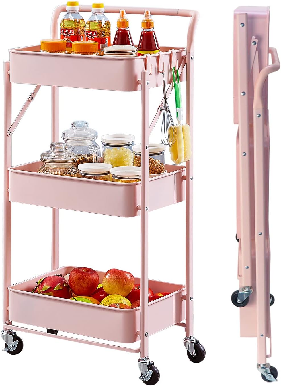 Foldable Utility Storage Cart Multifunctional Metal Storage Bin Heavy Duty Organizer Cart with Rolling Wheels Organization Cart for Home Office