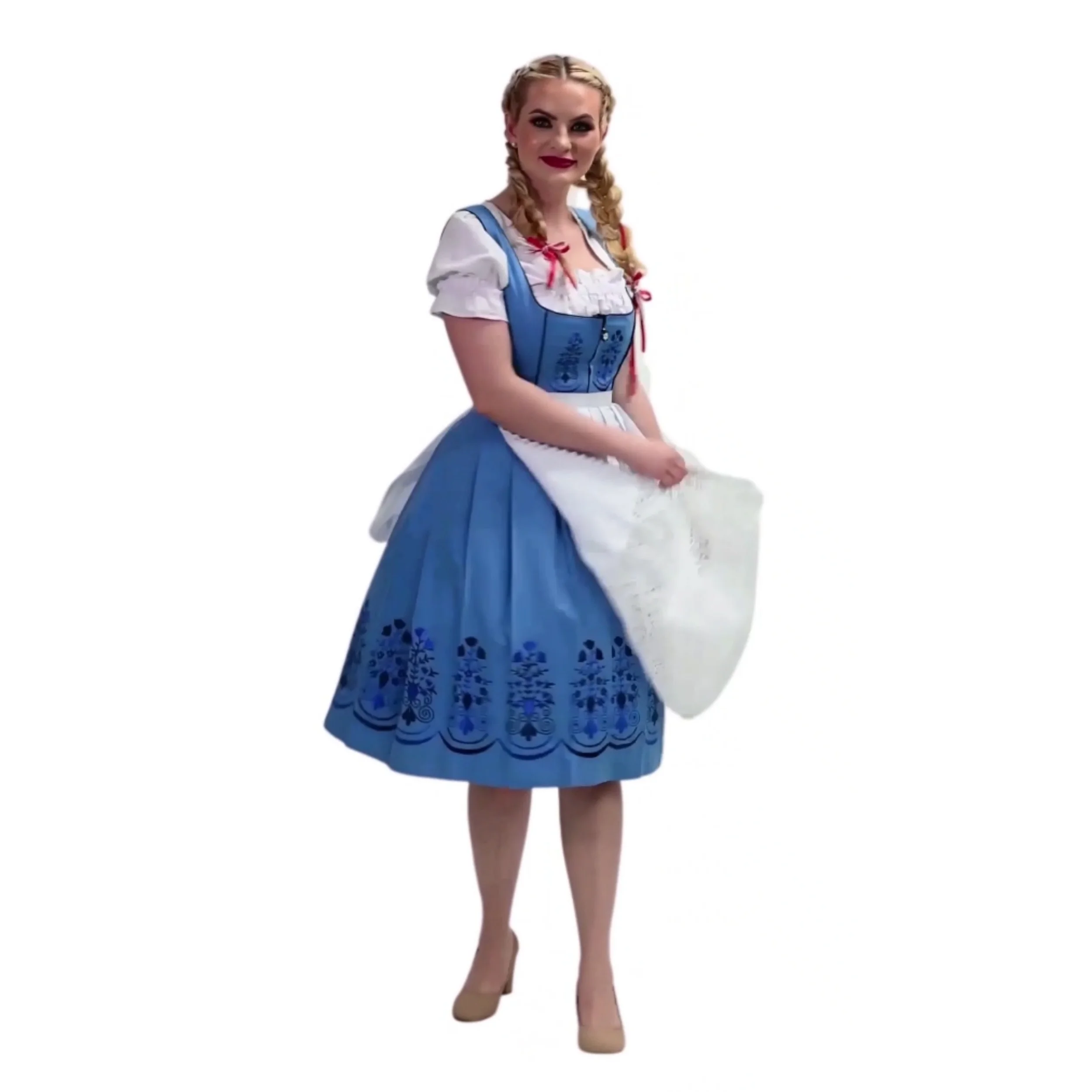 Dirndl Trachten Haus 3 Piece Long German Oktoberfest Dirndl Cotton Dress for Womens and Girls - Sky Blue