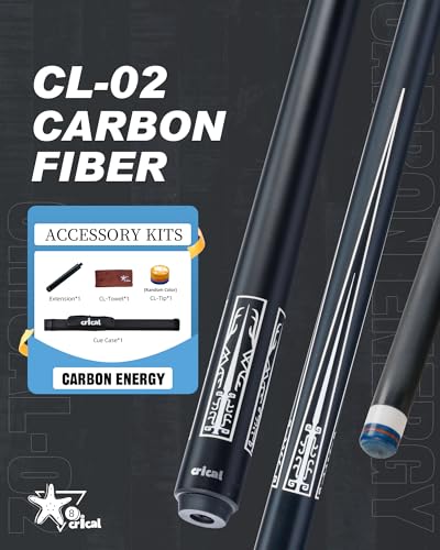CRICAL Carbon Fiber Pool Cue Stick 58" Billiard Cue Sticks Professional Low Deflection Pool Sticks with 3/8 * 8 Pin Joint and 12.5mm Tip