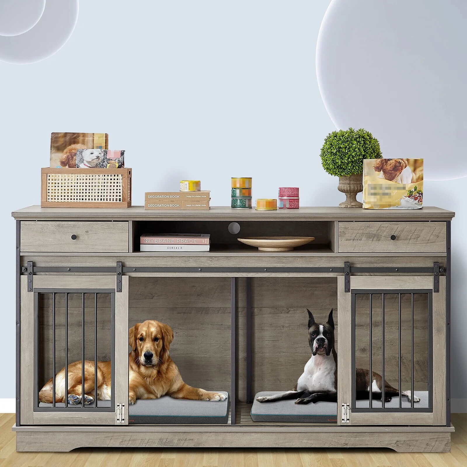 Dog Crate Furniture Large Breed TV Stand with Drawer & 2 Sliding Doors Grey - Curated Treasures Market