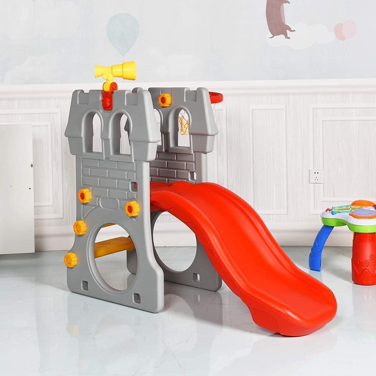 KOTEK Toddler Slide Indoor for Age 3-8, 5 in 1 Kids Climber Slide with Basketball Hoop, Telescope, Crawl Through Space & Climbing Stairs