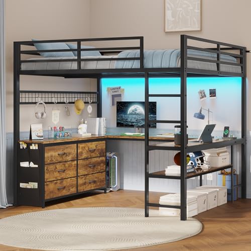 ADORNEVE Loft Bed Full Size with U-Shaped Desk, 6 Storage Drawers, Power Outlet, LED Metal Loft Bed with 2 Storage Shelves