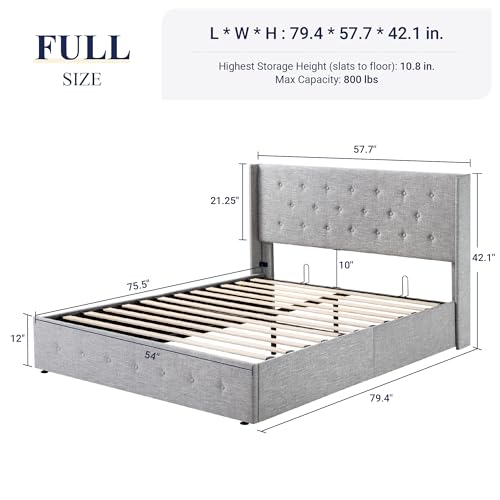 Allewie Full Size Lift Up Storage Bed, Modern Wingback Headboard, Hydraulic Support, No Box Spring Needed, Light Beige